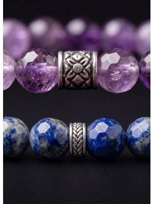 Venoria 2'li Ametist ve Lapis Lazuli Doğal Taş Bileklik Seti Unisex Kadın Erkek Şifa Enerji Stres Karşıtı Huzur ve Iletişim Çift Bilekliği Esnek Doğaltaş Hediyelik Aksesuar Takı Kombini