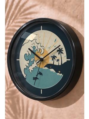 JHAAR Dalga ve Palmiye Manzaralı Modern Duvar Saati - Orta Boyut 25 cm - Siyah Kasa - Camlı Sessiz