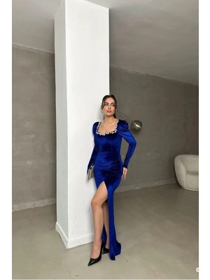 Euro Class Kadın Şık Kare Yaka Taş Detaylı Uzun Kollu Abiye Elbise