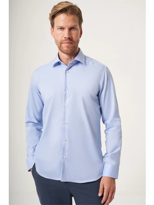 İmza Koyu Mavi Italyan Yaka Oxford Slim Fit Kolay Ütü Pamuklu Gömlek 1004265270