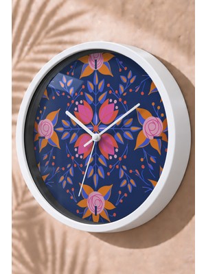 JHAAR Lacivert Renkli Çiçekli Modern Duvar Saati - Orta Boyut 25 cm - Beyaz Kasa - Camlı Sessiz