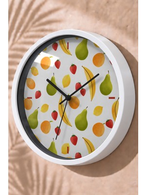 JHAAR Renkli Meyve Desenli Modern Duvar Saati - Orta Boyut 25 cm - Beyaz Kasa - Camlı Sessiz