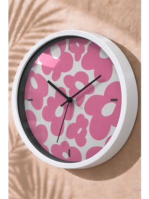 JHAAR Pembe Büyük Çiçekli Modern Duvar Saati - Orta Boyut 25 cm - Beyaz Kasa - Camlı Sessiz