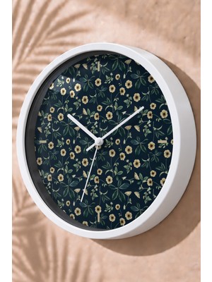 JHAAR Lacivert Küçük Çiçekli Modern Duvar Saati - Orta Boyut 25 cm - Beyaz Kasa - Camlı Sessiz
