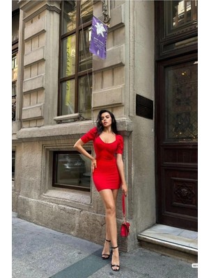 Euro Class Kadın Ince Kare Yaka Mini Balon Kollu Elbise