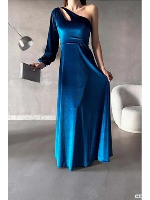 Euro Class Kadın Şık Esnek Kadife Kumaş Tek Omuz Abiye Elbise