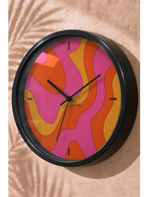 JHAAR Pembe Turuncu Dalgalı Desenli Modern Duvar Saati - Orta Boyut 25 cm - Siyah Kasa - Camlı Sessiz