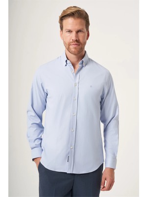 İmza Mavi Düğmeli Yaka Oxford Slim Fit Pamuklu Gömlek 1004265125