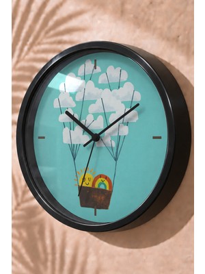 JHAAR Bulut Balonlu Sepet Modern Duvar Saati - Orta Boyut 25 cm - Siyah Kasa - Camlı Sessiz