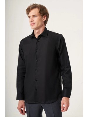 İmza Siyah Italyan Yaka Oxford Slim Fit Kolay Ütü Pamuklu Gömlek 1004265270