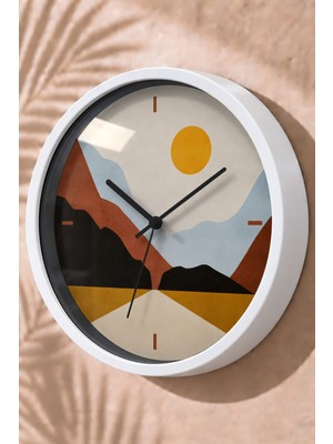 JHAAR Dağ Manzarası ve Sarı Güneş Modern Duvar Saati - Orta Boyut 25 cm - Beyaz Kasa - Camlı Sessiz