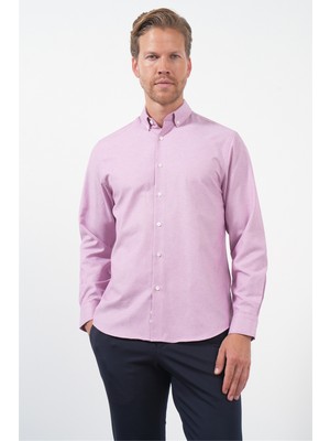 İmza Mor Düğmeli Yaka Uzun Kol Slim Fit Pamuklu Gömlek 1004260235