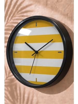 JHAAR Hardal Beyaz Geniş Çizgi Modern Duvar Saati - Orta Boyut 25 cm - Siyah Kasa - Camlı Sessiz