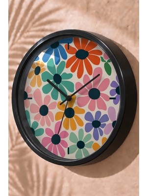 JHAAR Renkli Büyük Retro Çiçekli Modern Duvar Saati - Orta Boyut 25 cm - Siyah Kasa - Camlı Sessiz
