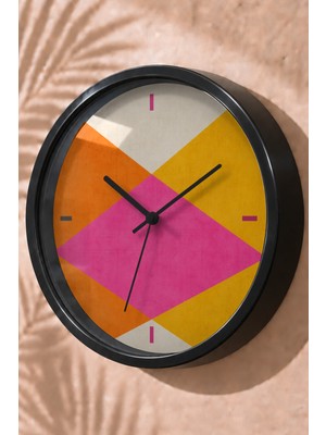 JHAAR Sarı Pembe Soyut Geometrik Modern Duvar Saati - Orta Boyut 25 cm - Siyah Kasa - Camlı Sessiz