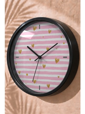 JHAAR Pembe Çizgili Ananas Desenli Modern Duvar Saati - Orta Boyut 25 cm - Siyah Kasa - Camlı Sessiz