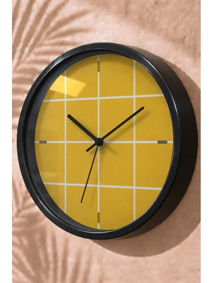 JHAAR Hardal Beyaz Kareli Modern Duvar Saati - Orta Boyut 25 cm - Siyah Kasa - Camlı Sessiz