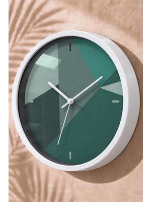 JHAAR Yeşil Soyut Geometrik Modern Duvar Saati - Büyük L 35 cm - Beyaz Kasa - Camlı Sessiz