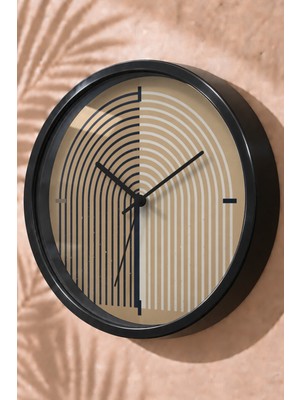 JHAAR Bej Siyah Çizgili Kemer Modern Duvar Saati - Büyük L 35 cm - Siyah Kasa - Camlı Sessiz