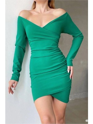 Euro Class Kadın Şık Kruvaze Yaka Büzgülü Mini Uzun Kollu Elbise