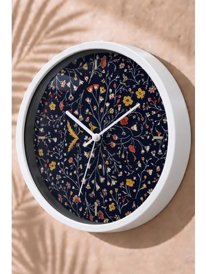 JHAAR Lacivert Botanik Bahçe Modern Duvar Saati - Büyük L 35 cm - Beyaz Kasa - Camlı Sessiz