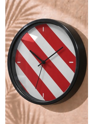 JHAAR Kırmızı Beyaz Çapraz Çizgi Modern Duvar Saati - Orta Boyut 25 cm - Siyah Kasa - Camlı Sessiz