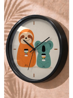 JHAAR Koala ve Tembel Hayvan Modern Duvar Saati - Büyük L 35 cm - Siyah Kasa - Camlı Sessiz