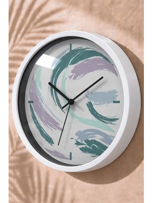 JHAAR Pastel Soyut Fırça Desenli Modern Duvar Saati - Büyük L 35 cm - Beyaz Kasa - Camlı Sessiz