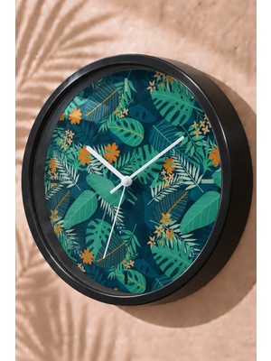 JHAAR Tropikal Yeşil Yapraklı Modern Duvar Saati - Büyük L 35 cm - Siyah Kasa - Camlı Sessiz