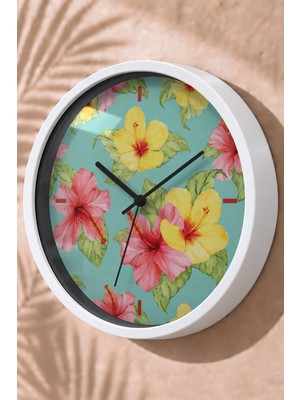 JHAAR Turkuaz Tropikal Çiçekli Modern Duvar Saati - Büyük L 35 cm - Beyaz Kasa - Camlı Sessiz