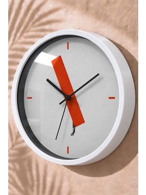 JHAAR Minimal Kırmızı Şerit Modern Duvar Saati - Büyük L 35 cm - Beyaz Kasa - Camlı Sessiz