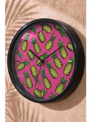 JHAAR Pembe Ananas Desenli Modern Duvar Saati - Büyük L 35 cm - Siyah Kasa - Camlı Sessiz