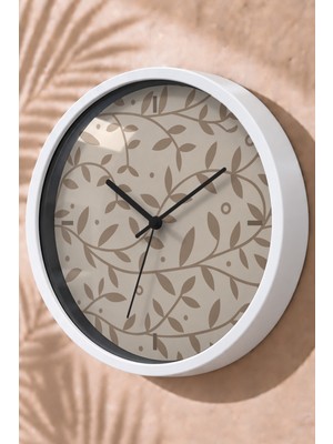 JHAAR Bej Botanik Yapraklı Modern Duvar Saati - Büyük L 35 cm - Beyaz Kasa - Camlı Sessiz
