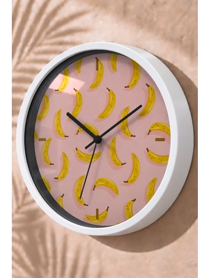 JHAAR Pembe Zeminli Muz Desenli Modern Duvar Saati - Büyük L 35 cm - Beyaz Kasa - Camlı Sessiz