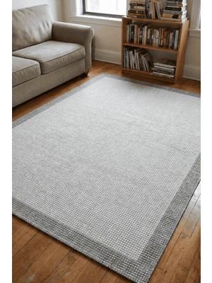 Hoom Rugs Lora 3212 Gri Çerçeveli Çizgili Pamuk Taban Hav Toz Vermez Sisal Halı