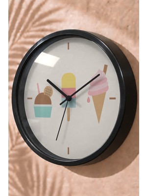 JHAAR Pastel Dondurma Figürlü Modern Duvar Saati - Büyük L 35 cm - Siyah Kasa - Camlı Sessiz