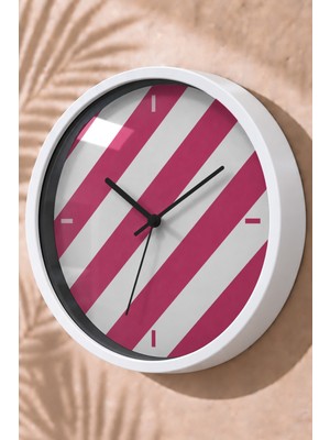 JHAAR Pembe Beyaz Çapraz Çizgi Modern Duvar Saati - Büyük L 35 cm - Beyaz Kasa - Camlı Sessiz