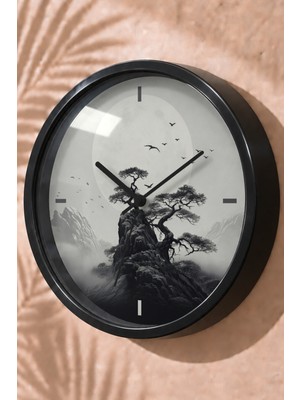 JHAAR Sisli Ağaç Manzaralı Modern Duvar Saati - Büyük L 35 cm - Siyah Kasa - Camlı Sessiz