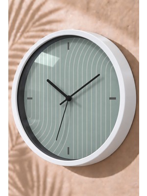JHAAR Yeşil İnce Kıvrımlı Çizgi Modern Duvar Saati - Büyük L 35 cm - Beyaz Kasa - Camlı Sessiz