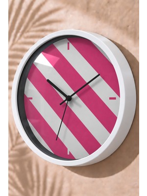 JHAAR Pembe Beyaz Çapraz Şerit Modern Duvar Saati - Büyük L 35 cm - Beyaz Kasa - Camlı Sessiz