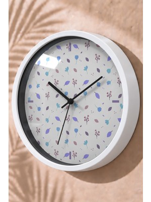 JHAAR Pastel Küçük Botanik Desenli Modern Duvar Saati - Büyük L 35 cm - Beyaz Kasa - Camlı Sessiz