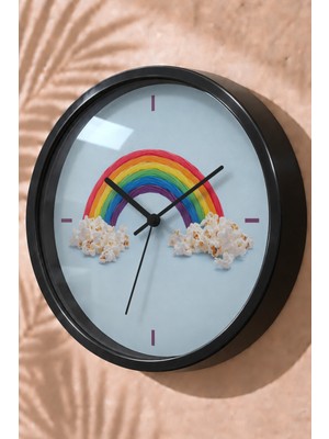 JHAAR Renkli Gökkuşağı ve Bulut Modern Duvar Saati - Büyük L 35 cm - Siyah Kasa - Camlı Sessiz