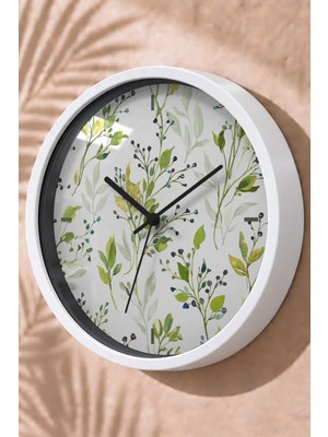 JHAAR Beyaz Yeşil Botanik Dallar Modern Duvar Saati - Büyük L 35 cm - Beyaz Kasa - Camlı Sessiz