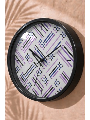 JHAAR Mor Mavi Geometrik Çizgili Modern Duvar Saati - Büyük L 35 cm - Siyah Kasa - Camlı Sessiz