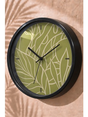 JHAAR Yeşil Beyaz Yaprak Damarı Modern Duvar Saati - Büyük L 35 cm - Siyah Kasa - Camlı Sessiz