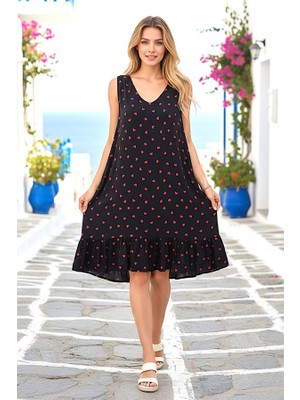 Keyifli Moda Siyah Kalpli Kalın Askılı Fırfırlı Kısa Elbise