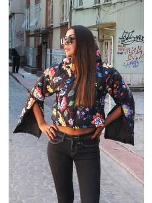 Keyifli Moda Siyah Çiçekli Kapüşonlu Kolları Fermuarlı Kısa Şişme Mont
