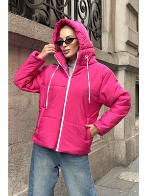 Keyifli Moda Fuşya Su Geçirmez Kapüşonlu Şişme Mont