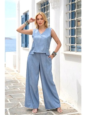 Keyifli Moda Mavi Kolsuz Pantolon Bluz Ikili Takım