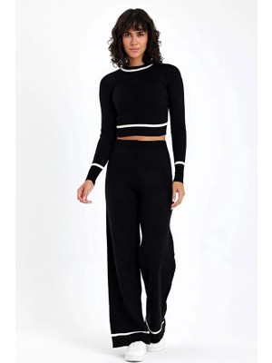 Keyifli Moda Siyah Çizgi Detaylı Crop Kazak Pantolon Ikili Triko Alt Üst Takım